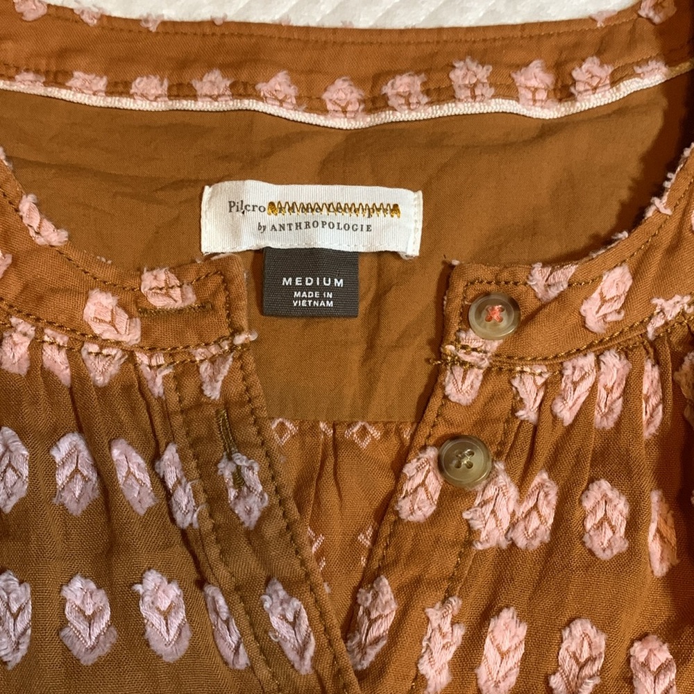 Anthropologie Rust Orange Printed Peasant Blouse - Picture 12 of 16